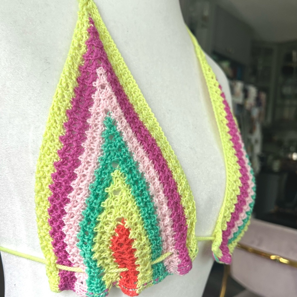 ❣️SOLD❣️Pink and Green Crochet Bikini Top with Halter Ties - Picture 2 of 4